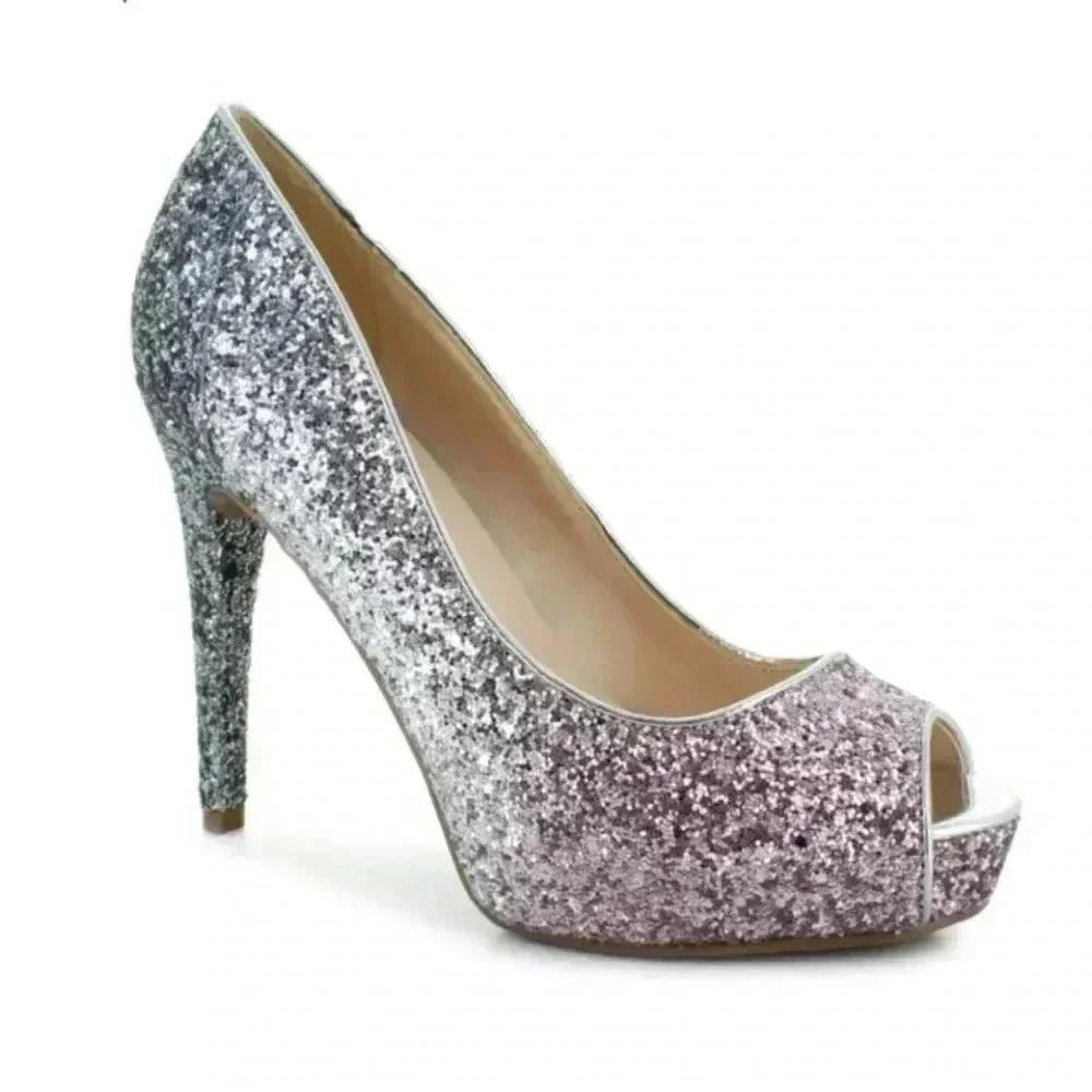 Marc Fisher Harpyly Heels Pumps Glitter Ombré Pink Silver Peep Toe Heel 8.5